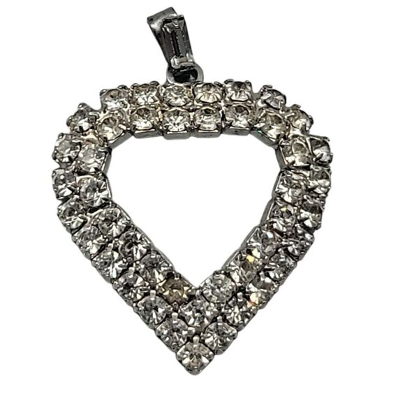 Rhinestone-Studded Open Heart Pendant Silver Tone Pot Metal Vintage - Picture 2 of 11